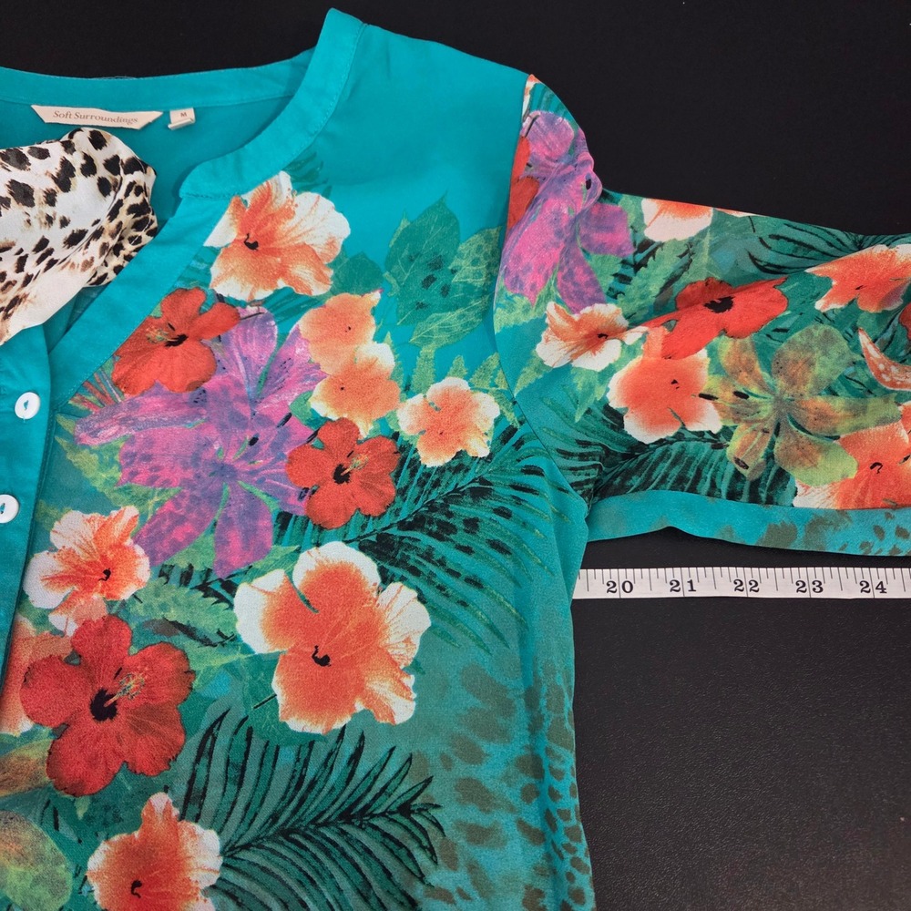 Soft Surroundings Geovana Teal Floral Animal Print Sheer Roll Tab Sleeve Tunic M - Picture 8 of 9